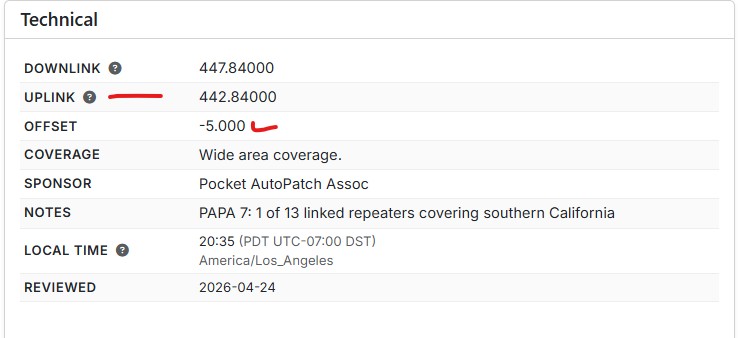 RepeaterBook — Papa 07 showing downlink 447.84000 and uplink 442.84000
